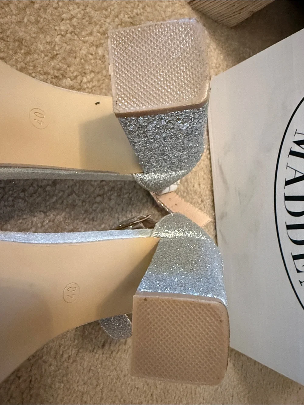 Steve Madden Silver Glitter Block Heel Sandals with Ankle Buckle